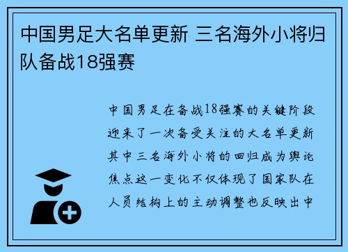 中国男足大名单更新 三名海外小将归队备战18强赛