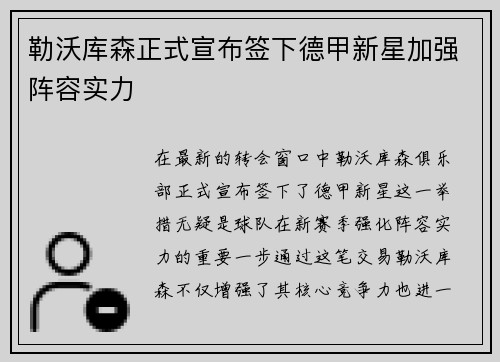 勒沃库森正式宣布签下德甲新星加强阵容实力